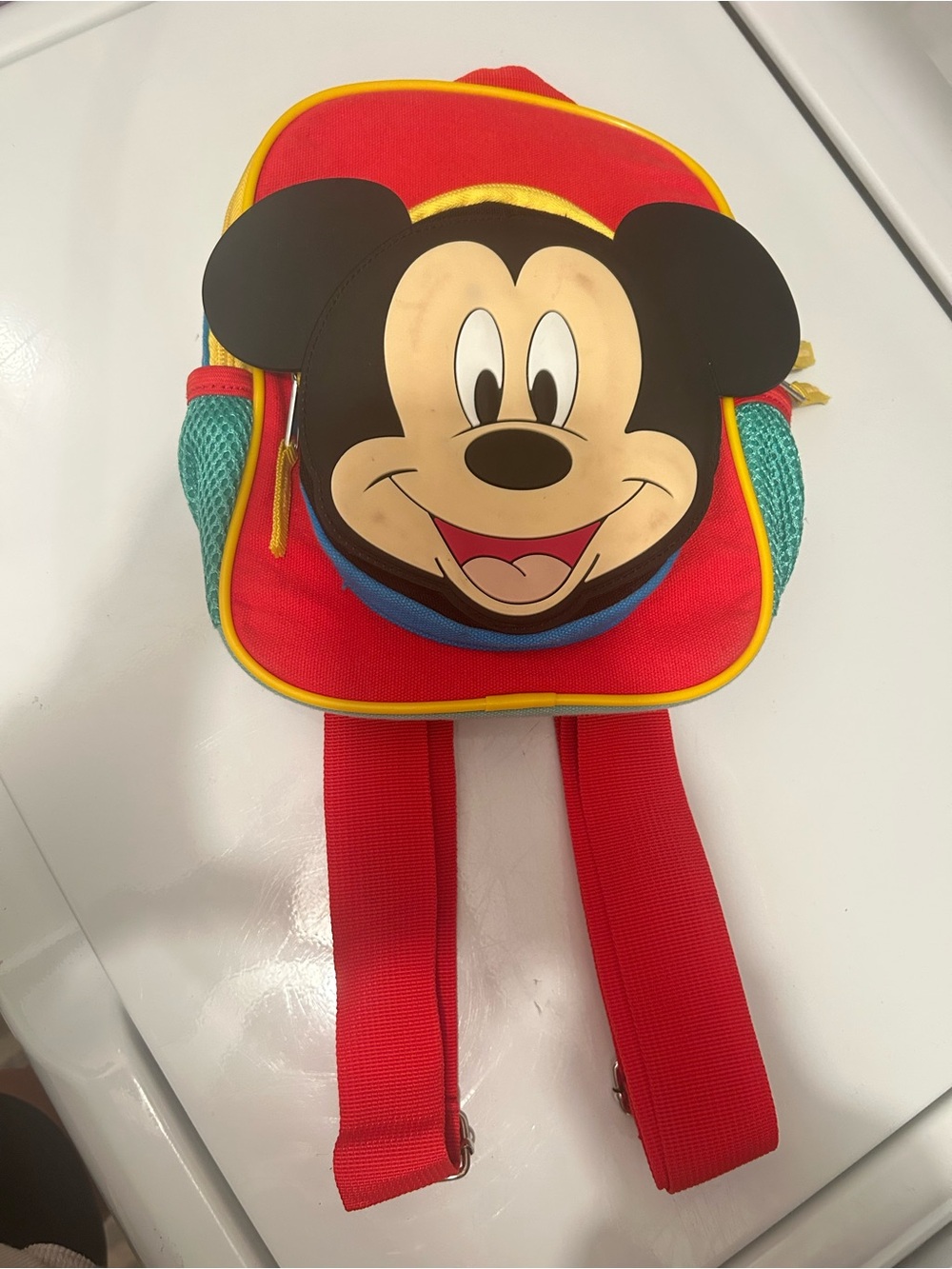 Disney Red Mickey Mouse Kids Backpack with Teal Pockets and Yellow Trim